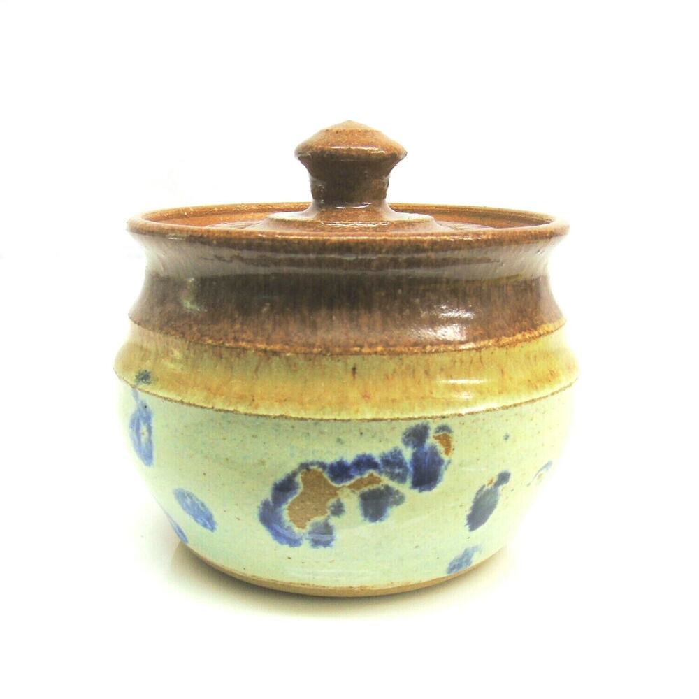 Pottery Sugar Bowl Lid Studio Art Butter Jam Dish Signed Asian Hawaiian Designs